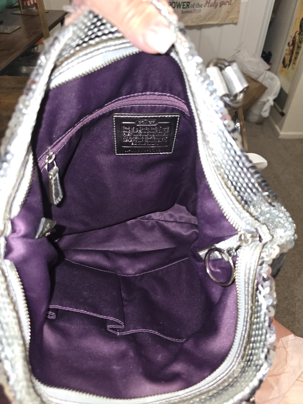 Coach Poppy Silver Sequin Spotlight Tote Bag - Picture 9 of 10